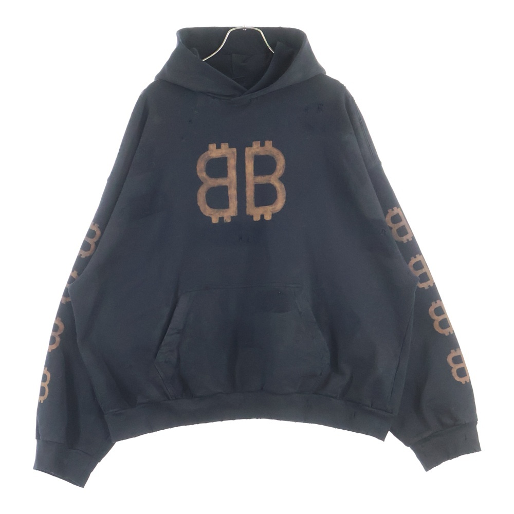 22AW BB Crypto Coin ヴィンテージ加工 BBロゴ プルオーバースウェットパーカー フーディ ブラック 742603 TOVN7 Bランク