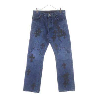 Flare Knee Cross Leather Patch Jeans フレアニー クロスレザーパッチ デニムパンツ インディゴ Aランク
