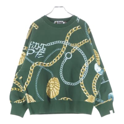 BAPE JEWELS CREWNECK ロゴ刺繍 ベイプ ジュエルズ 総柄プリント クルーネック長袖スウェットトレーナー グリーン 001SWJ801003M Aランク