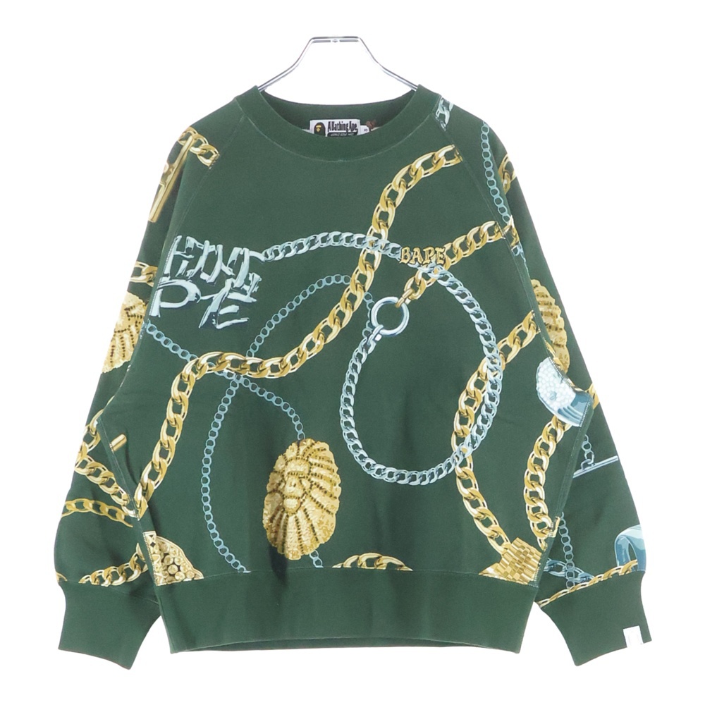 BAPE JEWELS CREWNECK ロゴ刺繍 ベイプ ジュエルズ 総柄プリント クルーネック長袖スウェットトレーナー グリーン 001SWJ801003M Aランク
