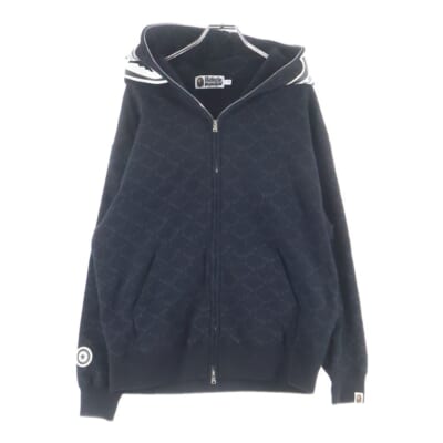 College Monogram Shark Hoodie モノグラム総柄 レザーシャークパッチ プルオーバーパーカー ブラック 001PPK231903C Aランク