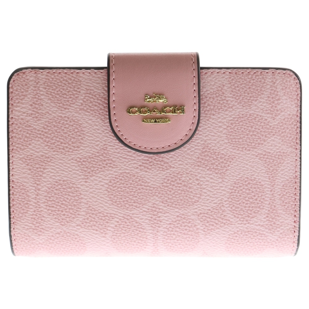 シグネチャーロゴ コンパクトウォレット 三つ折り財布 コインケース ピンク PVC レザー ゴールド金具 Aランク
