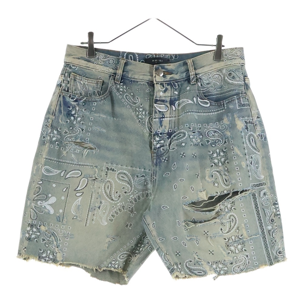 BANDANA DENIM SHORTS バンダナ総柄 ダメージ加工 デニムショートパンツ ブルー Bランク