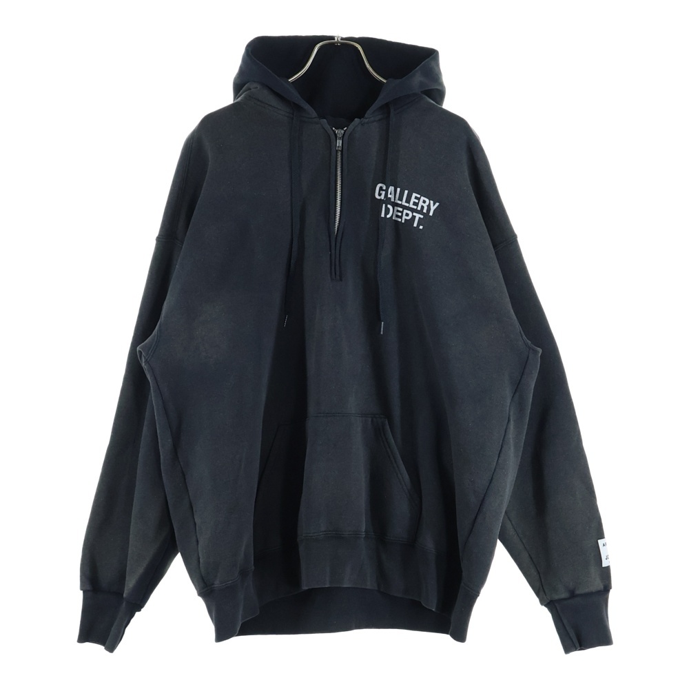 LOGO OVER SIZED HALF ZIP HOODIE ダメージ加工 ロゴオーバーサイズ ハーフジップスウェットパーカー ブラック Aランク