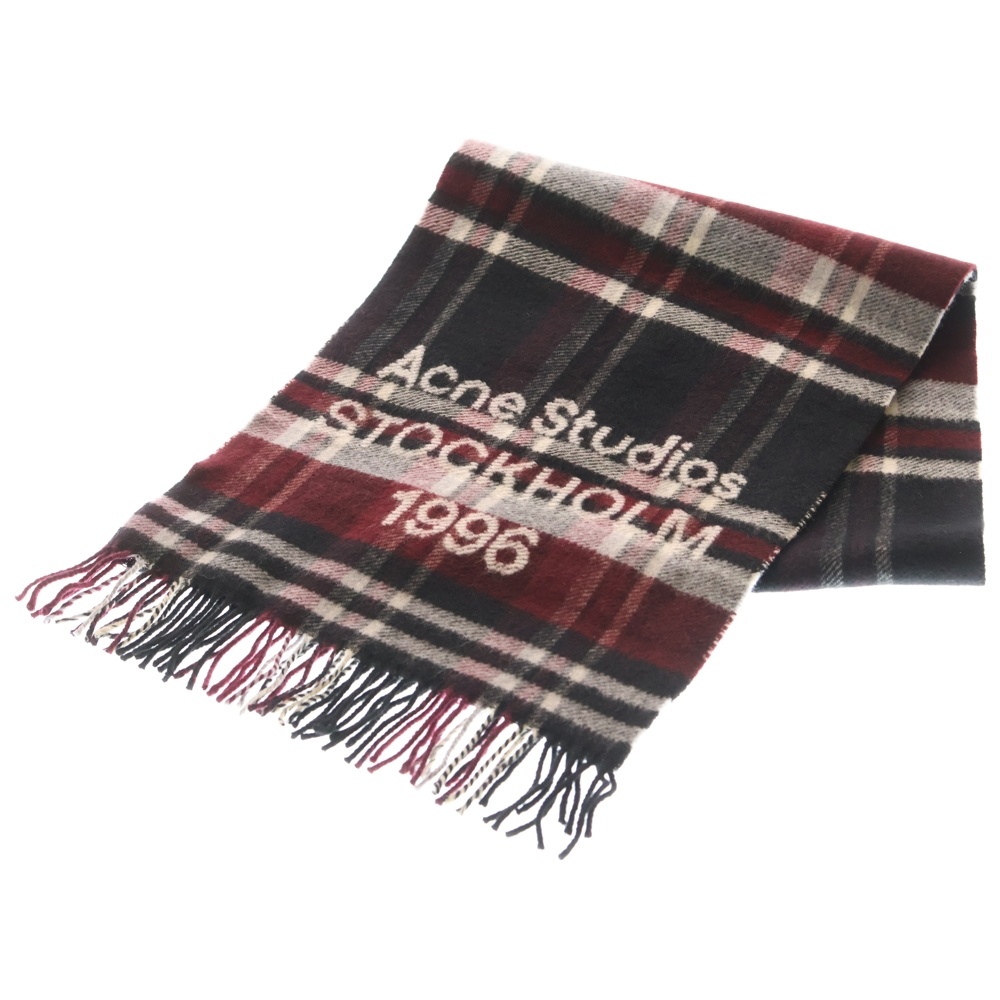 ウール混 フリンジ付き チェックパターン ロゴスカーフ マフラー ストール ブラック/レッド FN-UX-SCAR000444 Sランク