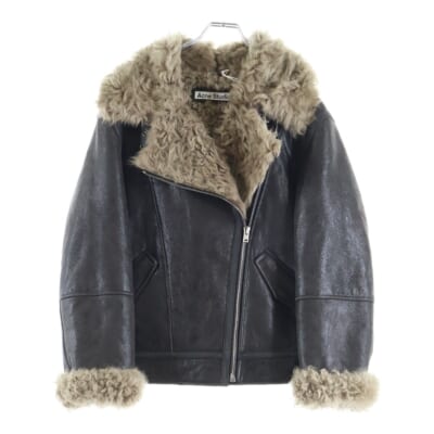 バックロゴプレート ダブルブレスト レザーシアリングジャケット ブラウン レディース FN-WN-LEAT000402 Sランク