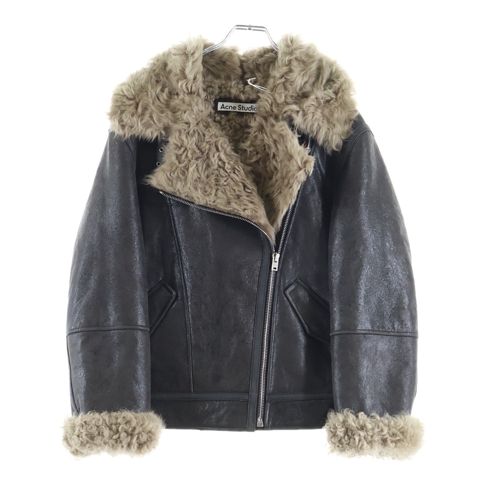 バックロゴプレート ダブルブレスト レザーシアリングジャケット ブラウン レディース FN-WN-LEAT000402 Sランク