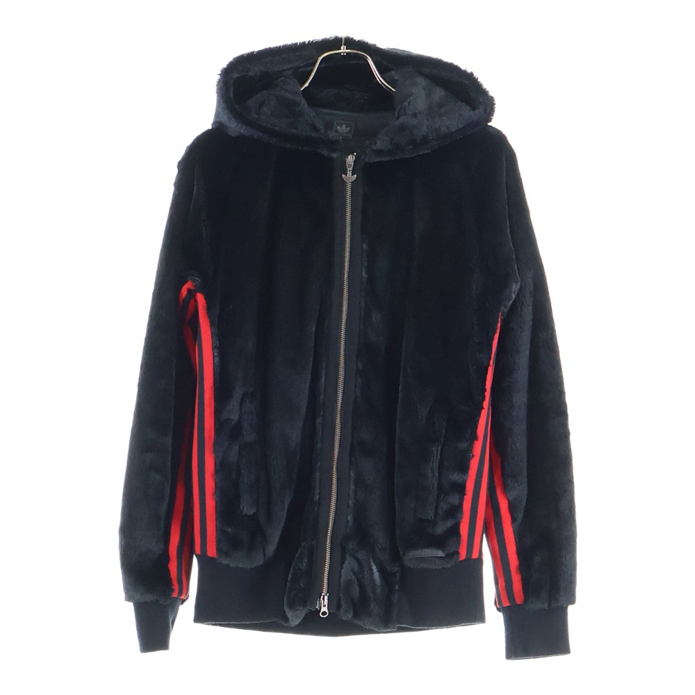 フェイクファー サイドスリーライン ジップアップパーカー フーディー ブラック/レッド Bランク