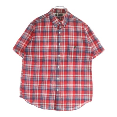 フロントロゴ チェック柄 ポケット半袖シャツ カットソー レッド Bランク