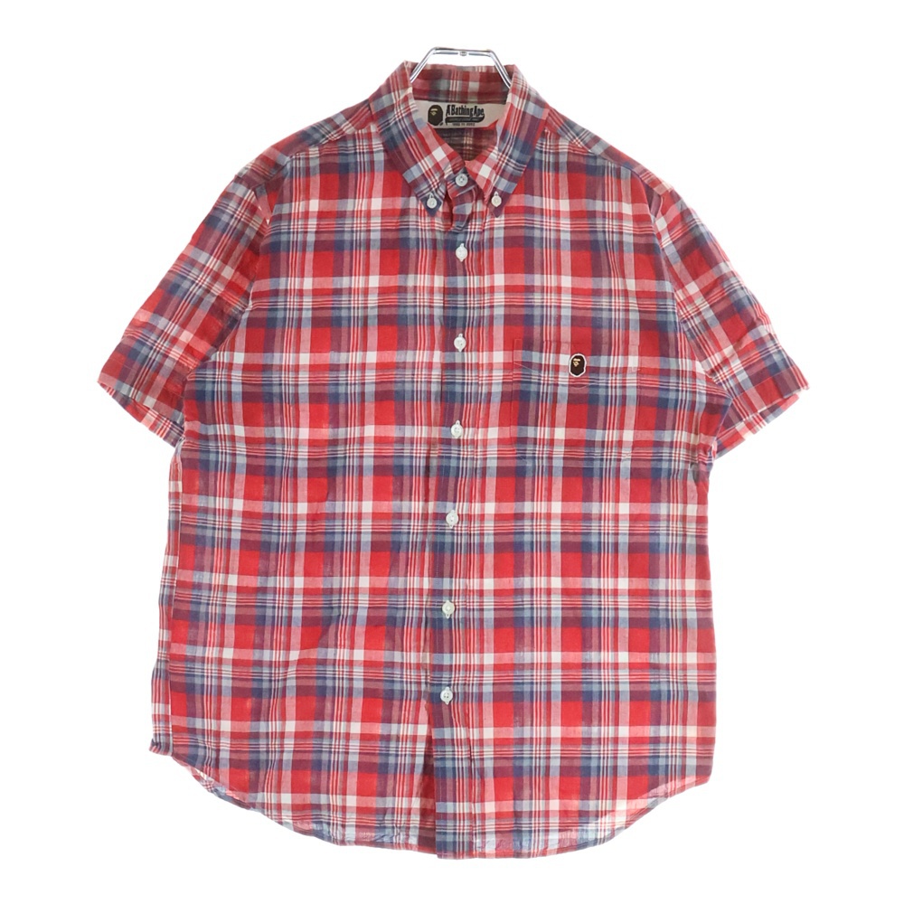 フロントロゴ チェック柄 ポケット半袖シャツ カットソー レッド Bランク