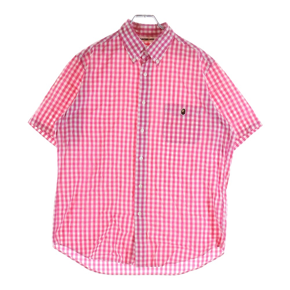 フロントロゴ コットン ギンガムチェック柄 半袖シャツ ピンク Bランク