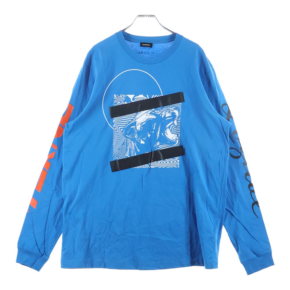 ロゴスリーブ フロントプリント クルーネック 長袖Tシャツ コットン ブルー Aランク