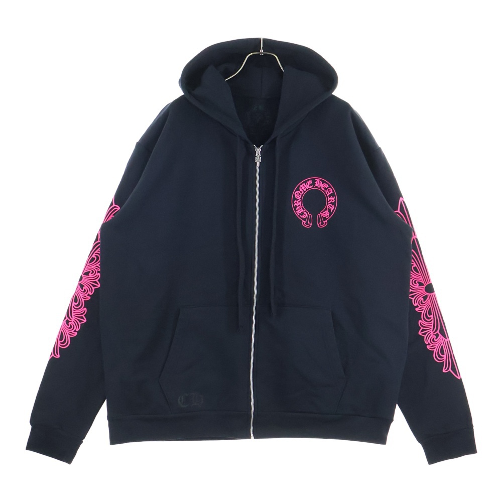 HORSESHOE FULL ZIP HOODIE 袖フローラル バックホースシュープリントジップパーカー ブラック ブラック/ピンク Sランク