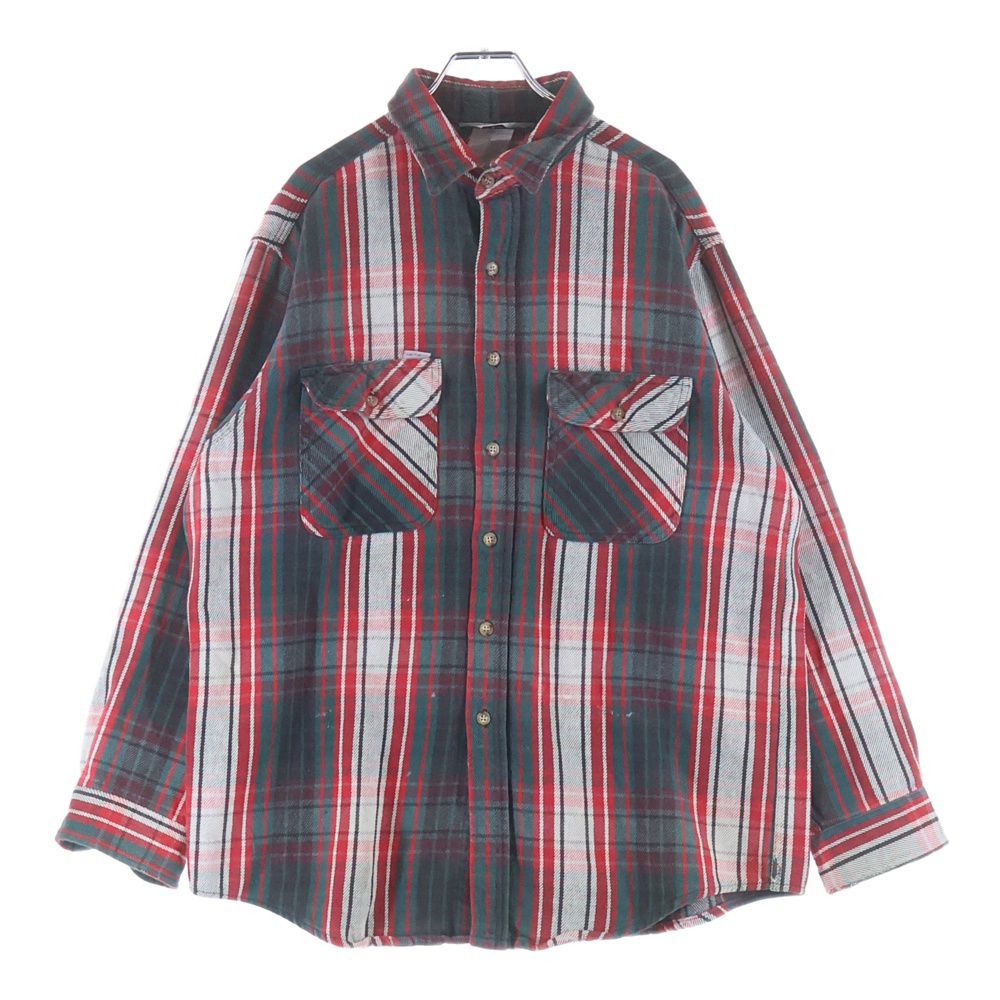 90s ヘビーネル ネルシャツ 長袖シャツ グリーン/レッド チェック Cランク