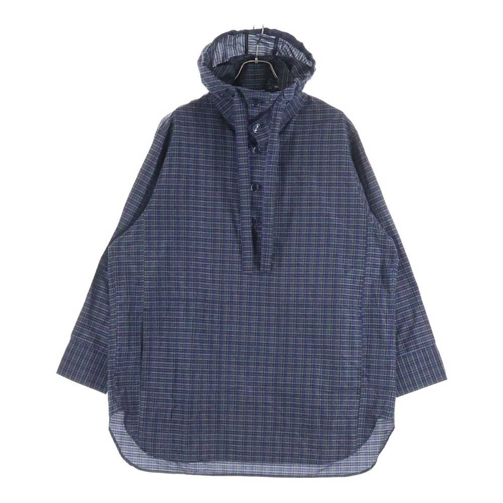 チェックアノラックシャツ フロントボタン フーディ長袖シャツ パープル Sランク