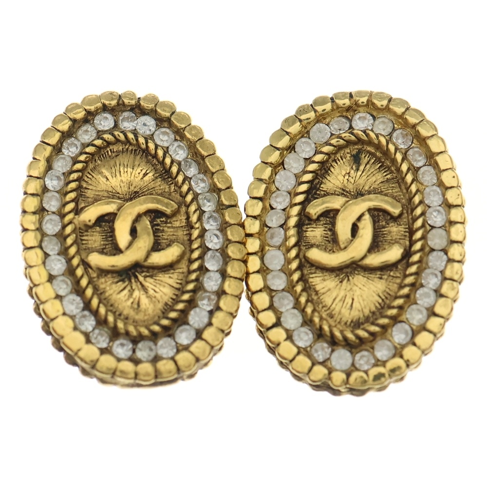ヴィンテージシャネル ココマークオーバル ラインストーン イヤリング ゴールド Bランク