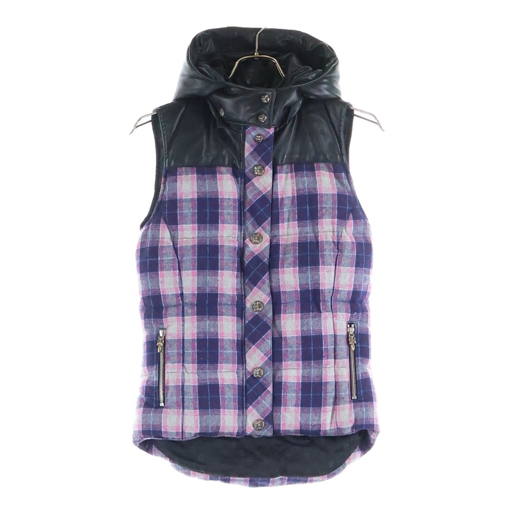 STIFF VEST スティッフ レザー切替 チェック柄 フーデッドダウンベスト ブラック/ピンク/ネイビー Bランク