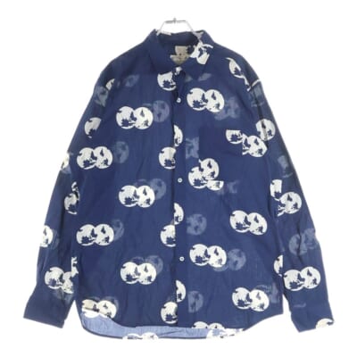 80-90S VINTAGE ヴィンテージ 総柄 コットン 長袖シャツ ネイビー Bランク