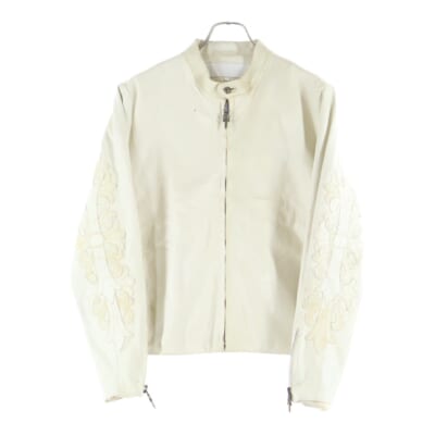 袖フローラルクロスパッチ レザー シングルライダースジャケット ホワイト Bランク