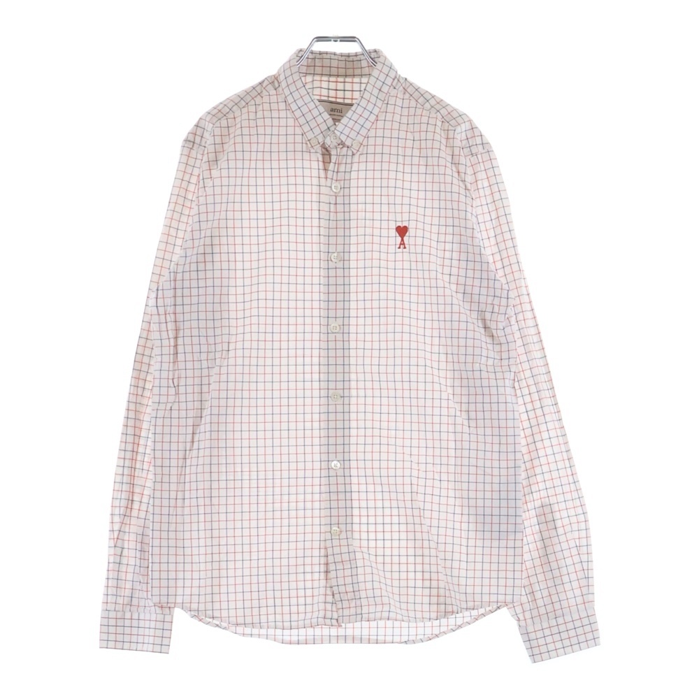 Check Shirt ハートロゴ刺繍 長袖チェックシャツ ホワイト Aランク