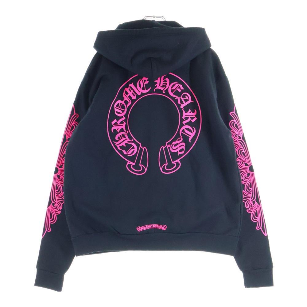 SWTSHRT HD ZIP 袖フローラルバックホースシュープリントジップパーカー ブラック/ピンク Aランク