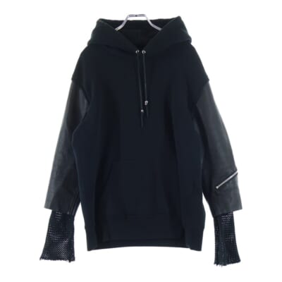03AW Archive PAPER DOLL期 leather ドッキング 再構築 切り替え プルオーバーフーディー パーカー ブラック Bランク