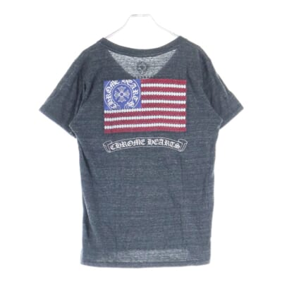アメリカンフラグ プリントロゴ Vネック 半袖Tシャツ カットソー グレー Bランク