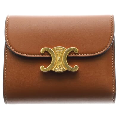 トリオンフ ゴールド金具 レザー 三つ折り財布 コンパクトウォレット コインケース ブラウン Bランク