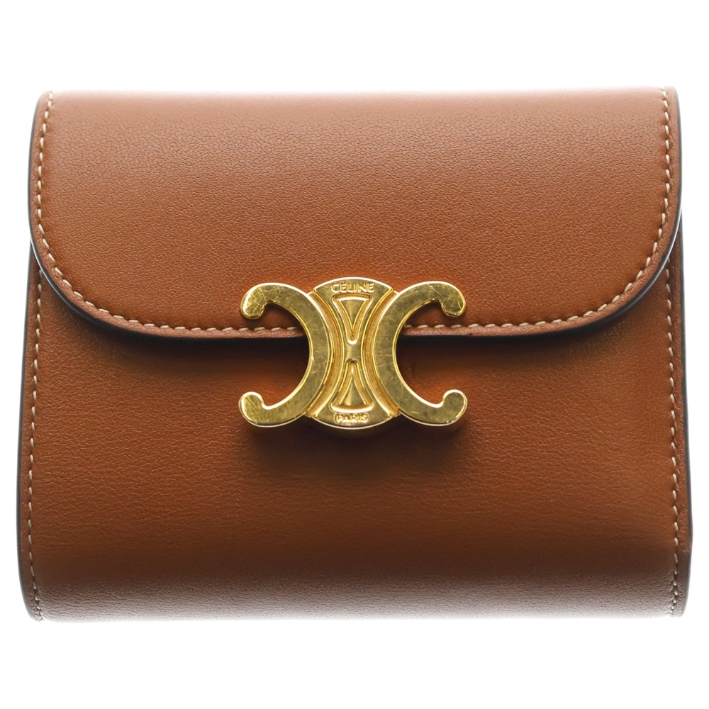 トリオンフ ゴールド金具 レザー 三つ折り財布 コンパクトウォレット コインケース ブラウン Bランク