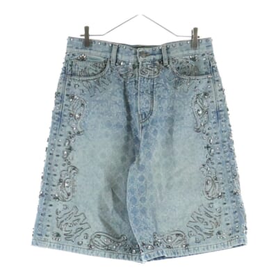 クリスタル トリム バンダナ 総柄 デニム ショーツ ハーフパンツ インディゴ Bランク