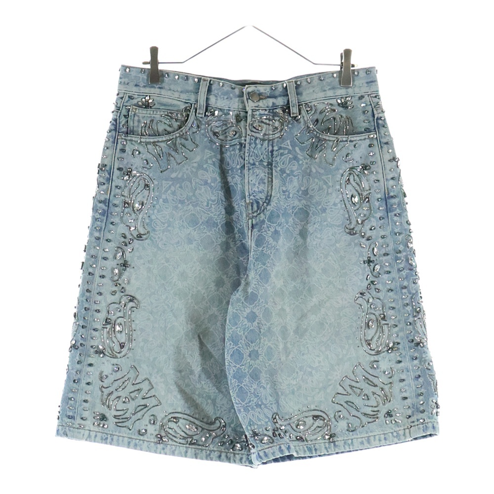 クリスタル トリム バンダナ 総柄 デニム ショーツ ハーフパンツ インディゴ Bランク