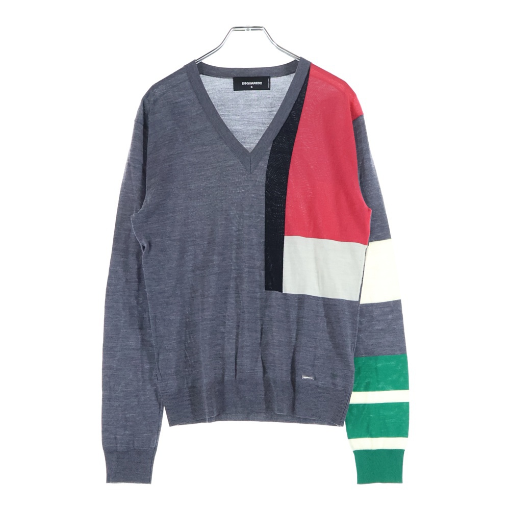 Vネック カラーブロックパターン ウールニットセーター グレー S71HA0655 S14586 Bランク