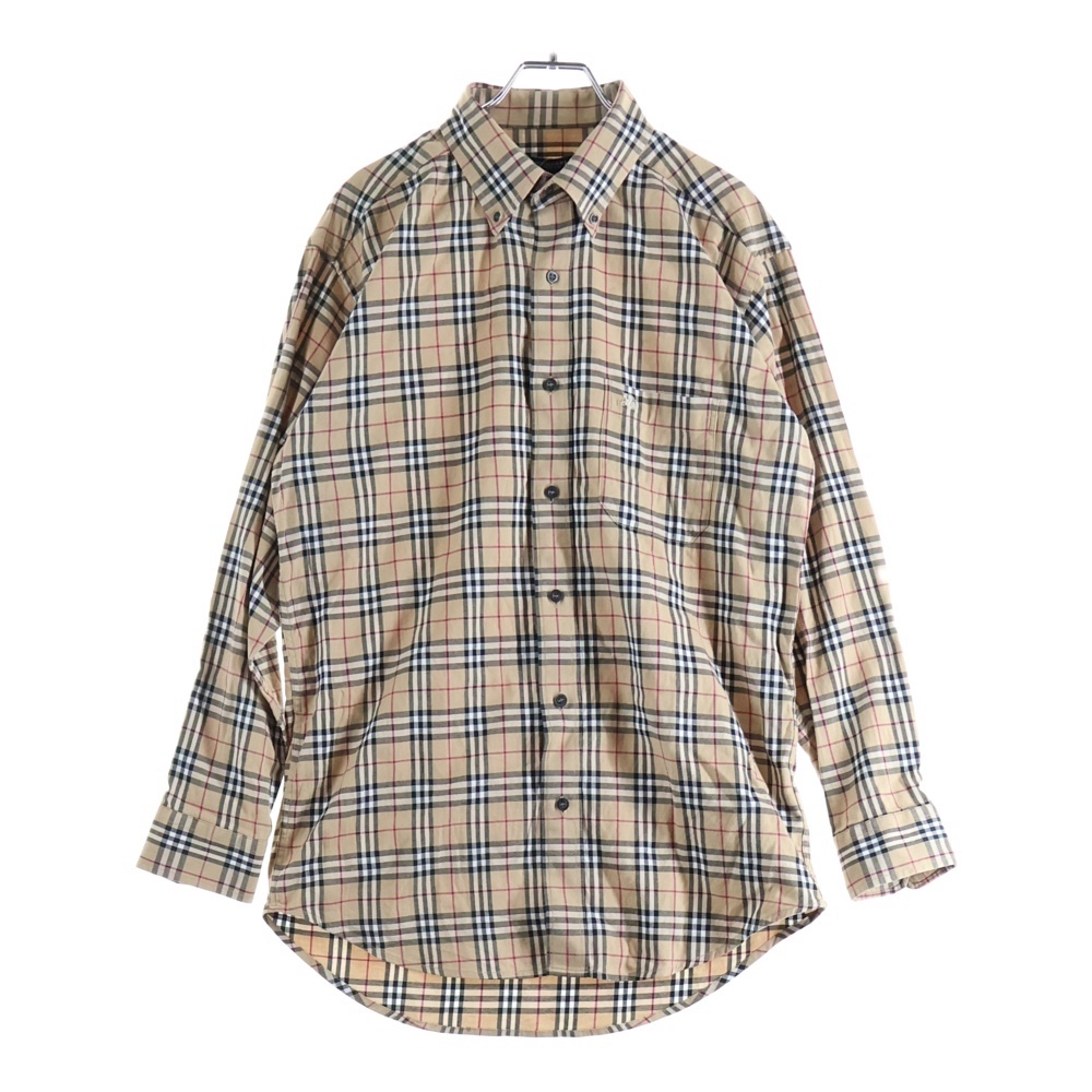 フロントロゴ刺繍 ノバチェック柄 長袖フランネルシャツ ベージュ Bランク