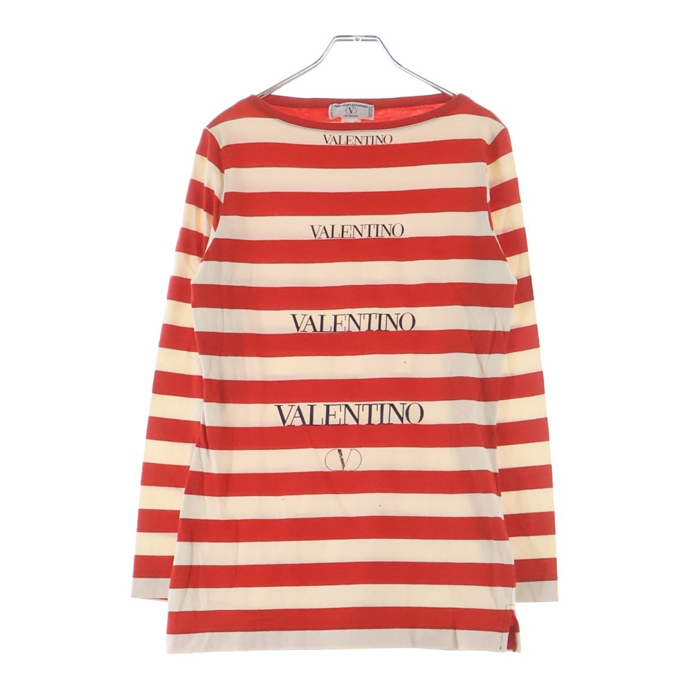 ロゴプリント ボーダー総柄 クルーネック 長袖Tシャツ カットソー レッド/ホワイト Bランク