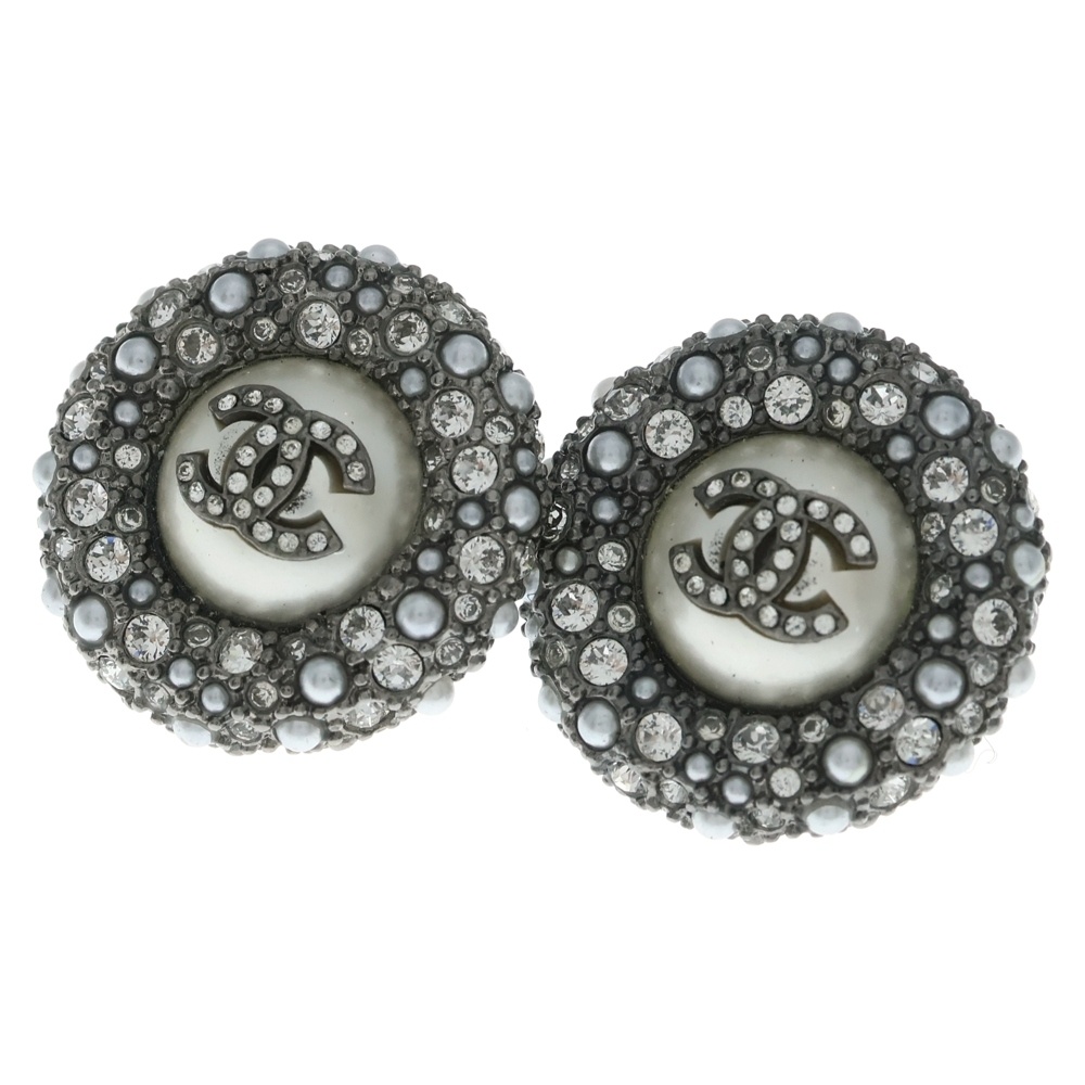 ラインストーン フェイクパール ココ ラウンド型ピアス シルバー Bランク