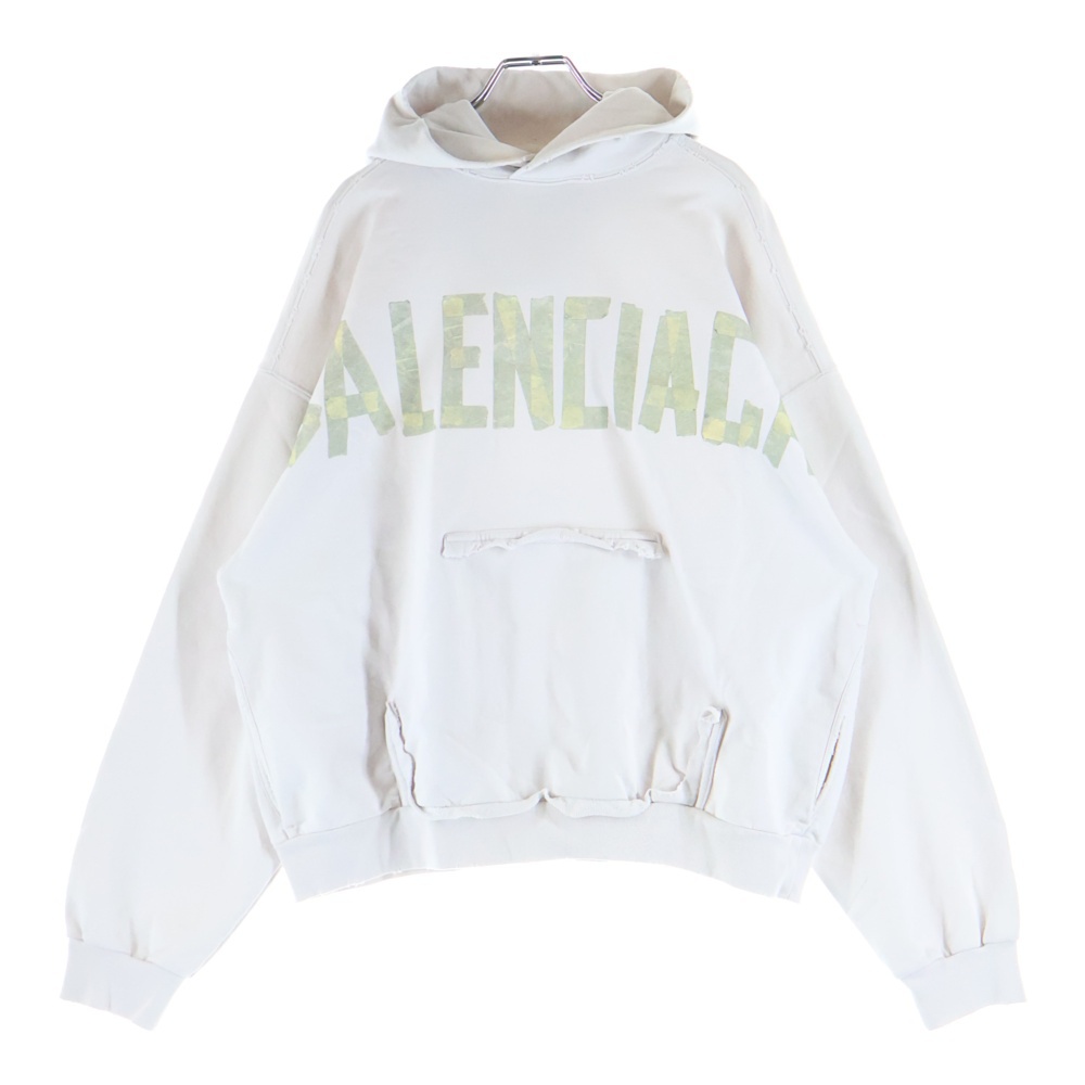 23SS Tape Type Ripped Pocket Hoodie テープタイプロゴ ヴィンテージ加工プルオーバーフーディパーカー 744441 TOVB1 アイボリー Sランク