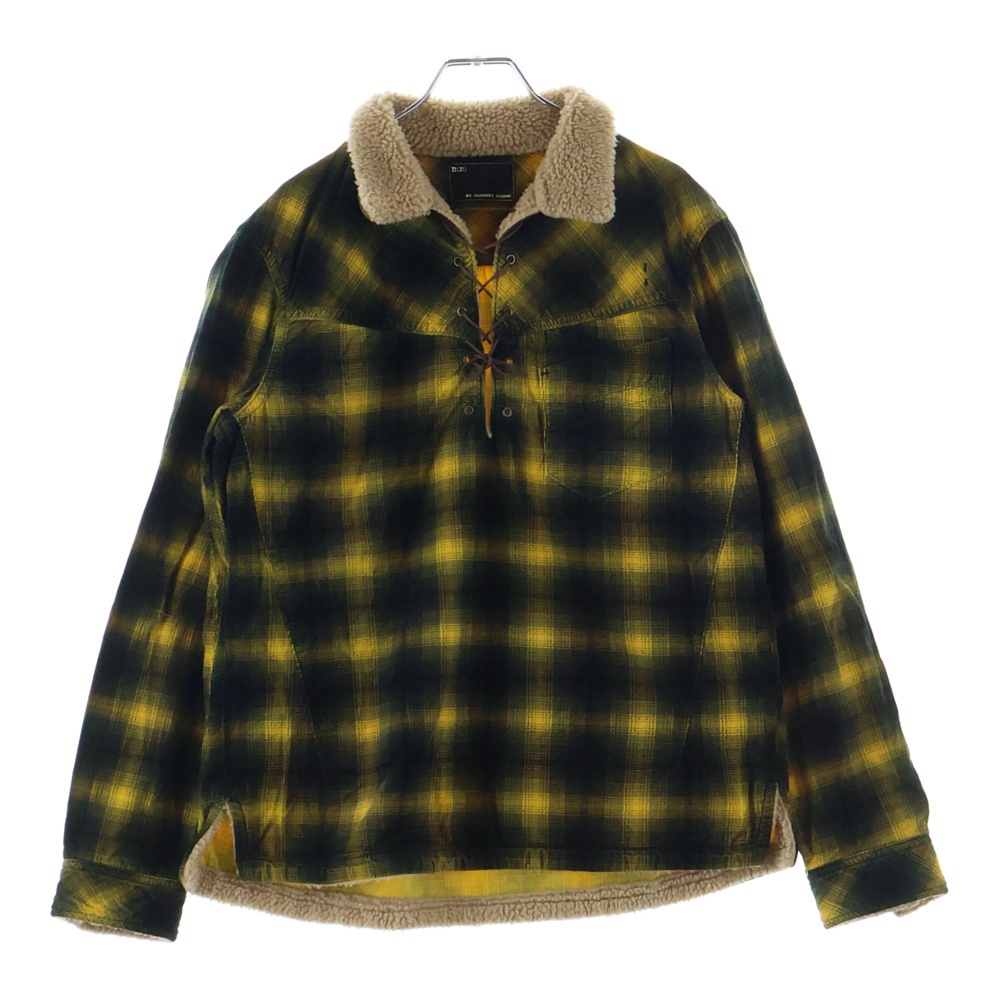 プルオーバー ボアネック チェック柄 長袖Tシャツ イエロー Aランク