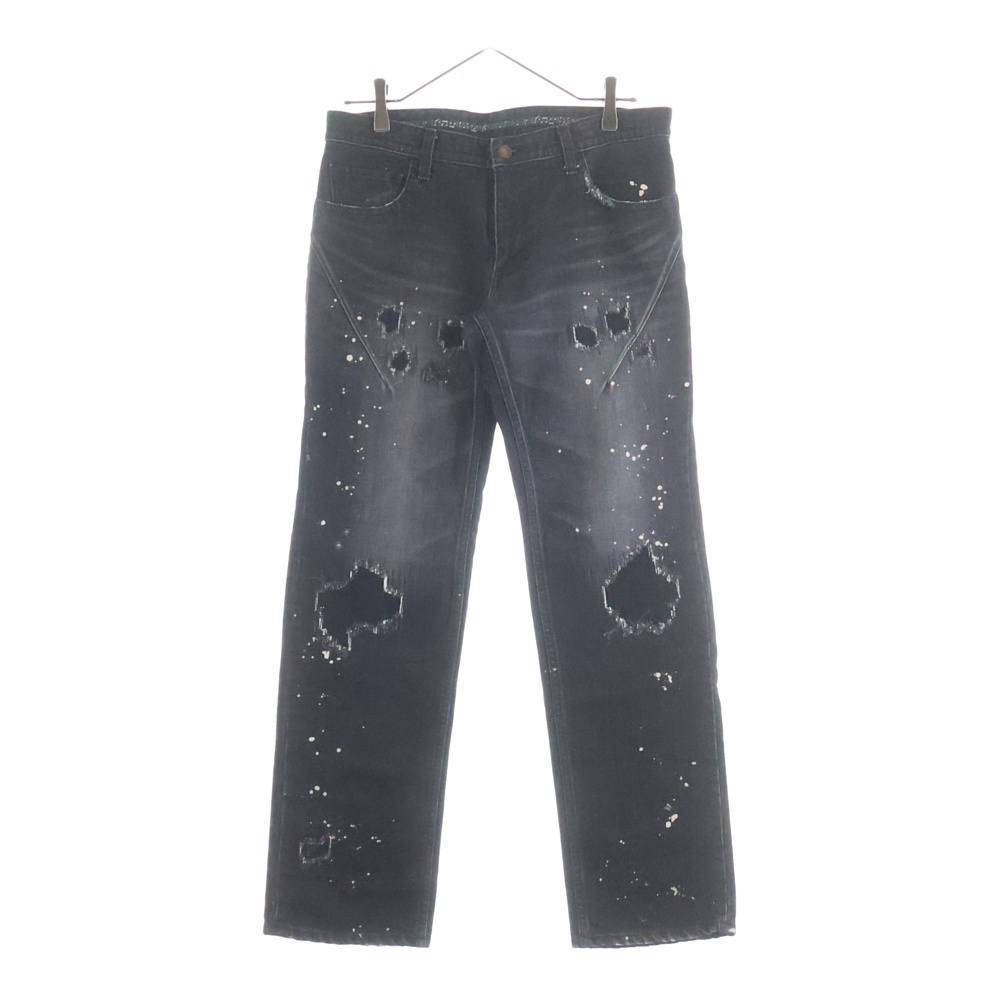 ジッパーフライ ストレート クラッシュド ペイント ダメージ デニム パンツ ブラック Bランク