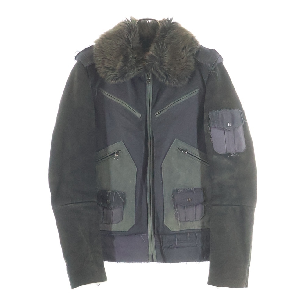 19AW Nylon field fur jacket ナイロン切り替え 裏地ファー ムートンレザー フライトジャケット カーキ G9L94Z G9N16 Bランク