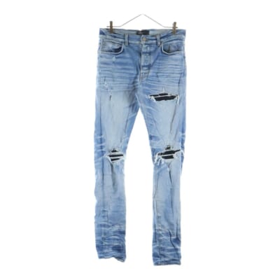 MX1 クラッシュ加工 レザーリペア 蛇腹 バイカーデニムパンツ インディゴ Bランク