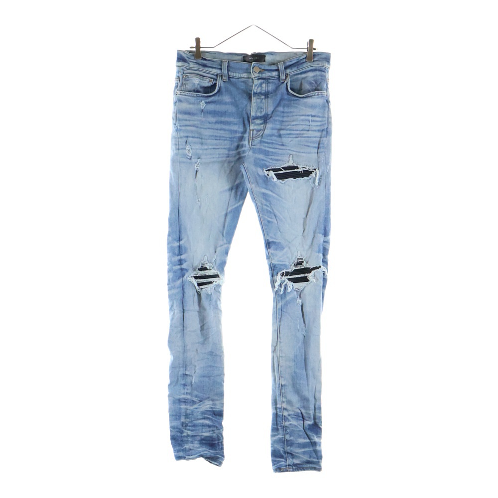 MX1 クラッシュ加工 レザーリペア 蛇腹 バイカーデニムパンツ インディゴ Bランク