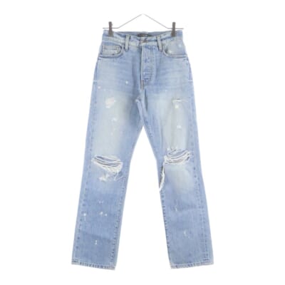 ダメージ加工 ボタンフライ ストレートデニムパンツ インディゴ レディース Bランク