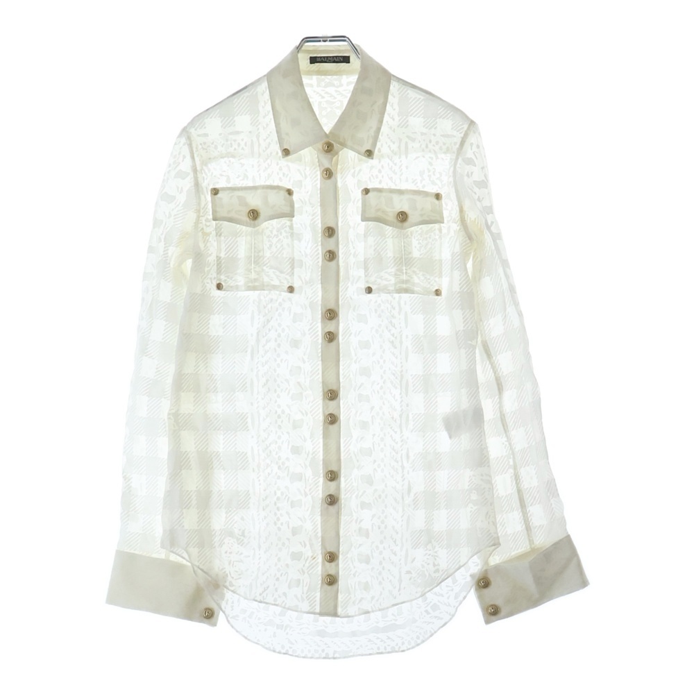 総柄 金ボタン ブラウス 長袖シャツ ホワイト Bランク