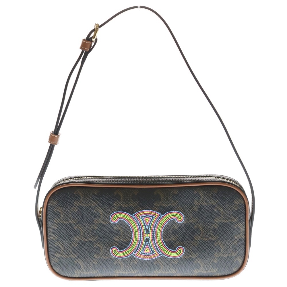 キュイル トリオンフロゴ刺繍 PVC レザー ミニ カメラバッグ ブラウン Aランク