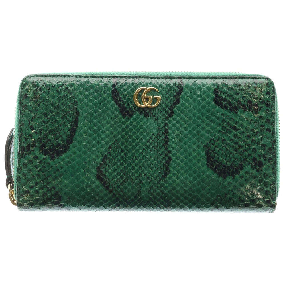 GGマーモント ラウンドファスナーロングウォレット 長財布 グリーン パイソン 456117 ゴールド金具 Bランク