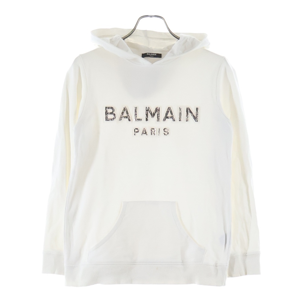 メタリックロゴプリントコットンプルオーバーパーカー ホワイト BKUXV 001 Bランク