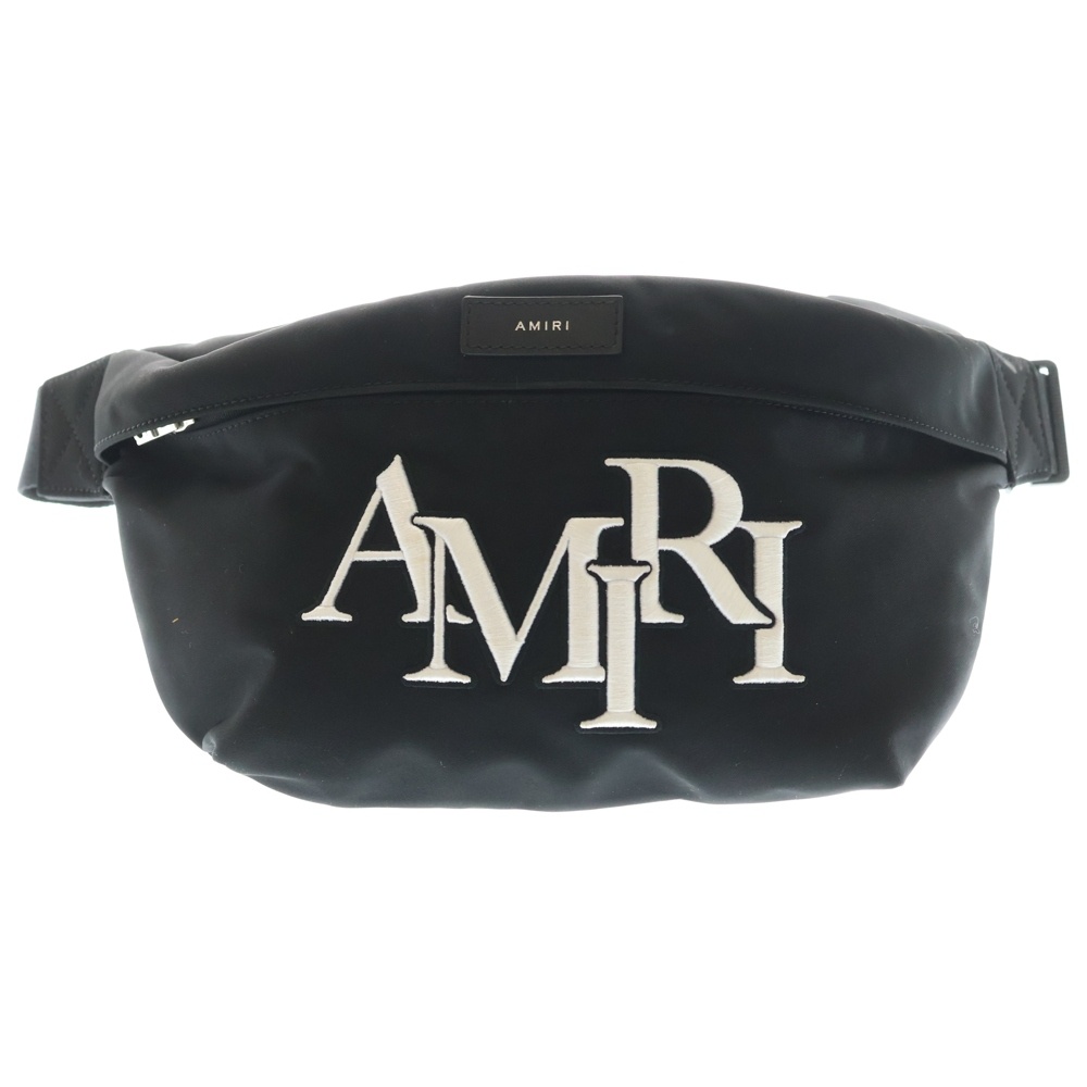 ロゴ 刺繍 バムバッグ ウエストバッグ ボディバッグ ショルダーバッグ ブラック ナイロン シルバー金具 Bランク