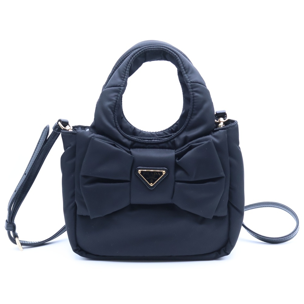 Re-Nylon パデット リボン ミニバッグ トライアングルロゴ ブラック テスート ゴールド金具 1BA359 Aランク