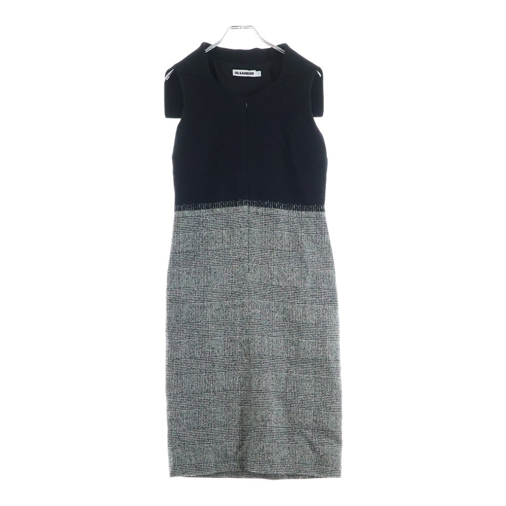 グレンチェック柄 切り替え ノースリーブ ロング ワンピース ブラック/グレー レディース Bランク