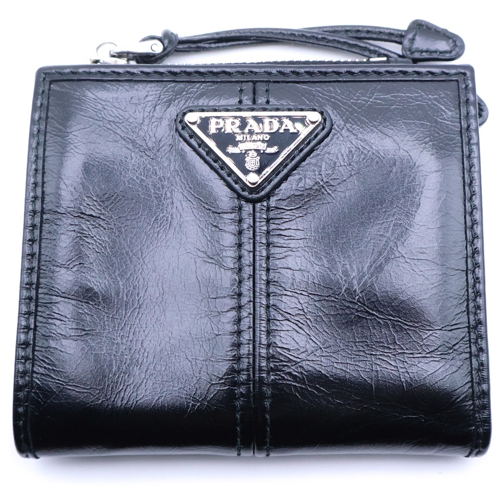 二つ折り財布 コンパクトウォレット コインケース 財布 ブラック ソフトルックスレザー 2ML049 シルバー金具 Aランク